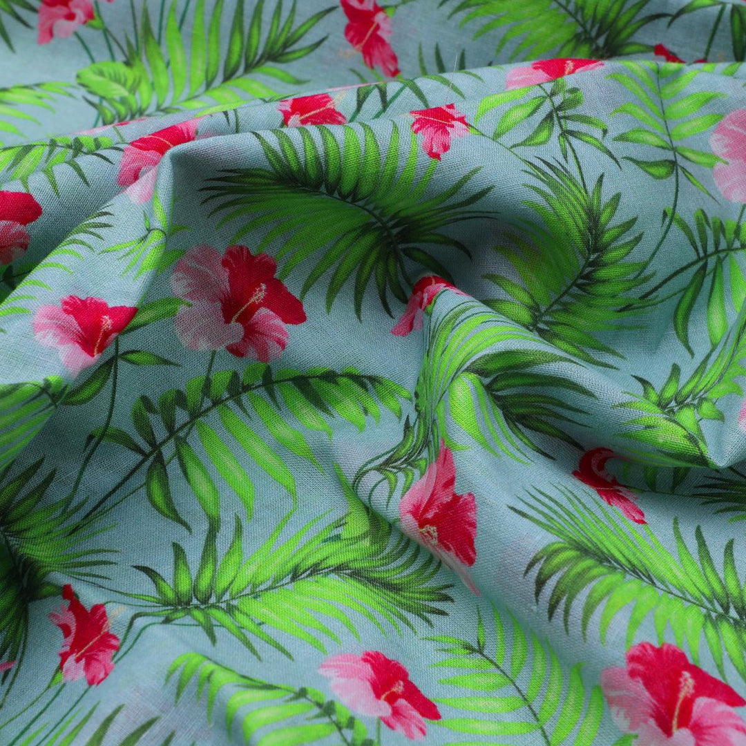 Tropical Leaves Pink Hibiscus Flower Digital Printed Fabric - Cotton - FAB VOGUE Studio®