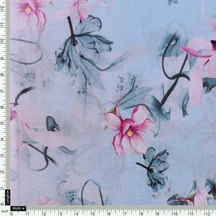 Blue Floral Digital Printed Fabric - Pure Cotton - FAB VOGUE Studio®