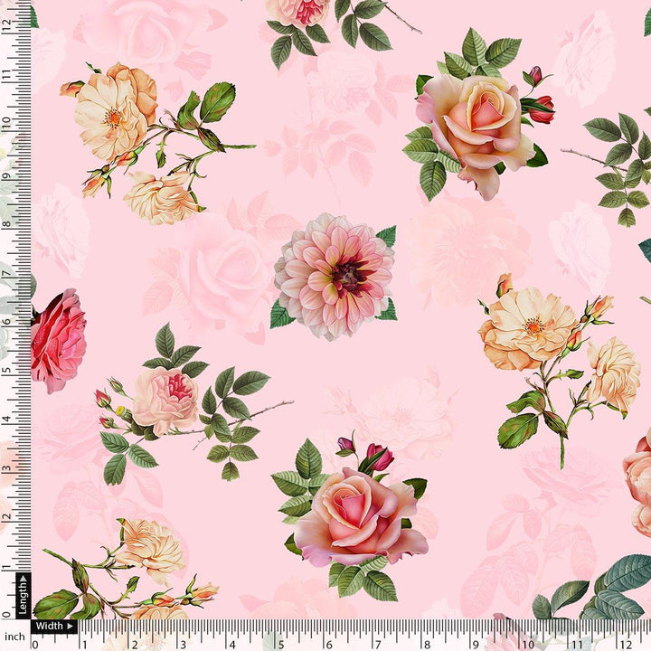 Pink And Peach Roses Allover Digital Printed Fabric - Pure Cotton - FAB VOGUE Studio®