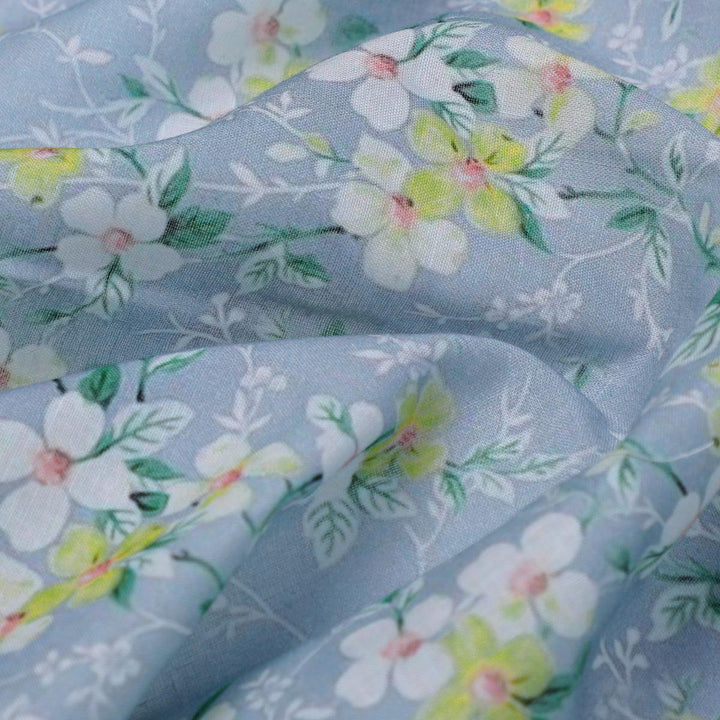 Beautiful White Jasmine Valley Flower Digital Printed Fabric - Pure Cotton - FAB VOGUE Studio®