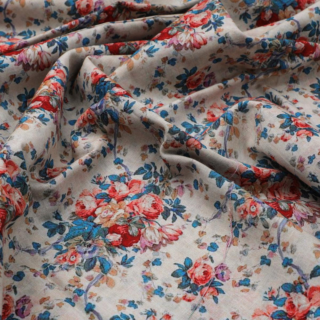 Beautiful Ditsy Flowers On Blue Digital Printed Fabric - Pure Cotton - FAB VOGUE Studio®
