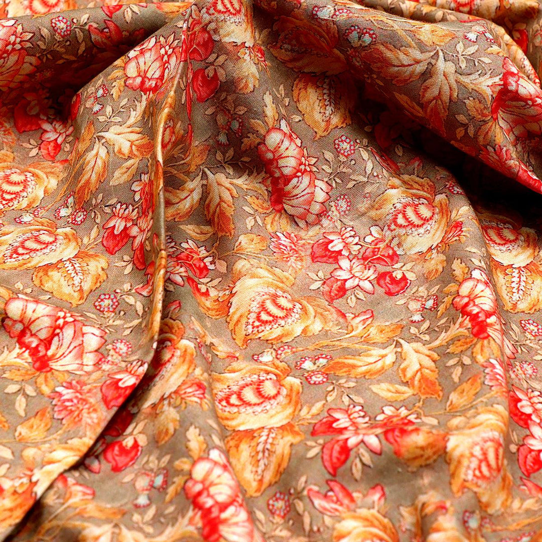 Decorative Leaves With Chiku Brown Digital Printed Fabric - Pure Cotton - FAB VOGUE Studio®