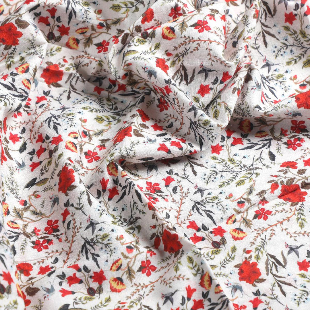 Jungle Wally Of Flower With Humming Bird Digital Printed Fabric - Cotton - FAB VOGUE Studio®