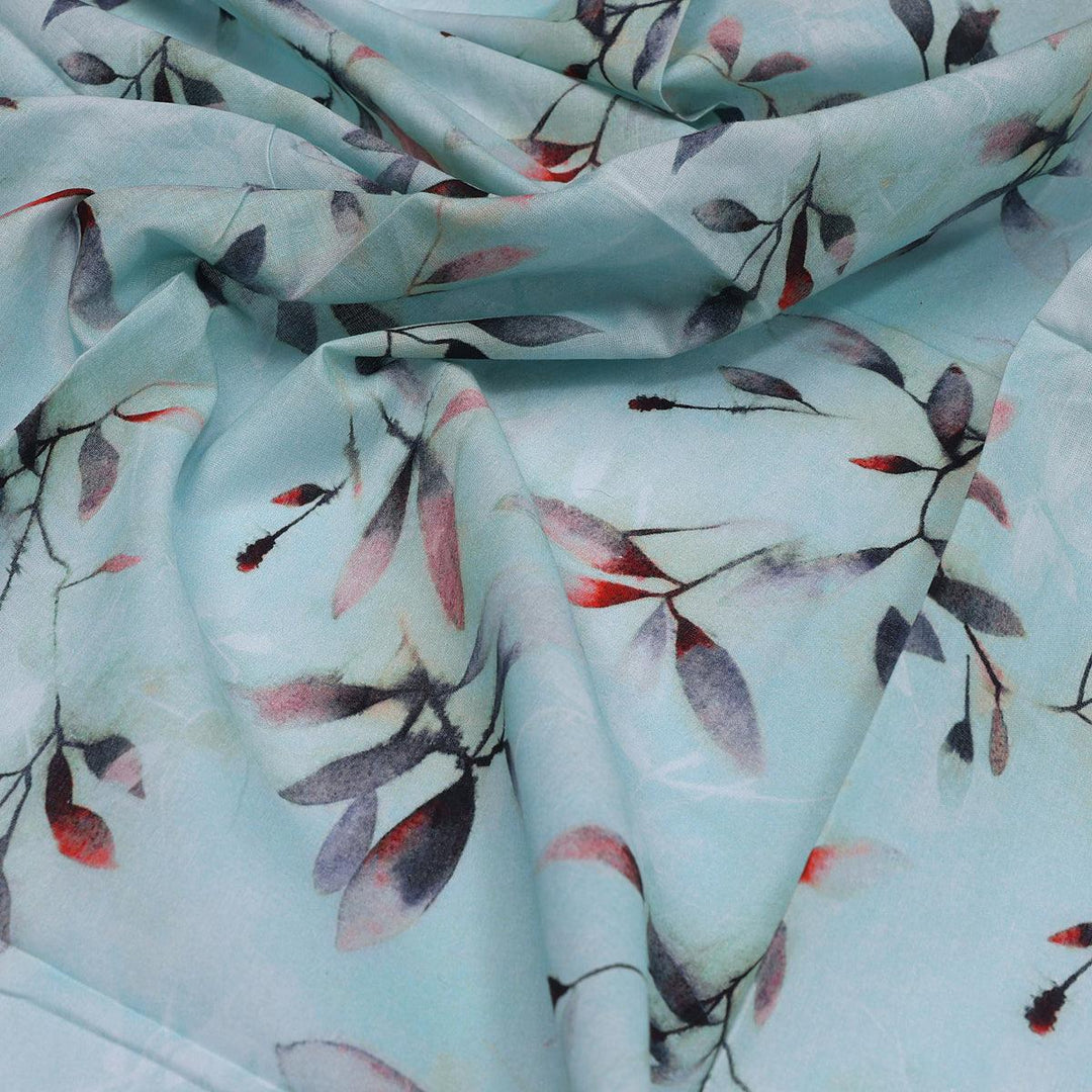 Attractive Sky Blue Leaves Digital Printed Fabric - Pure Cotton - FAB VOGUE Studio®
