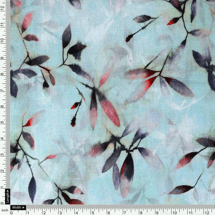 Attractive Sky Blue Leaves Digital Printed Fabric - Pure Cotton - FAB VOGUE Studio®