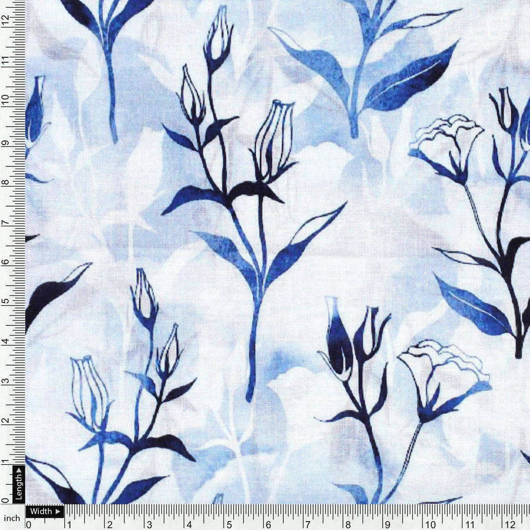 Attractive Blue Bud Water Paint Shadow Digital Printed Fabric - Cotton - FAB VOGUE Studio®
