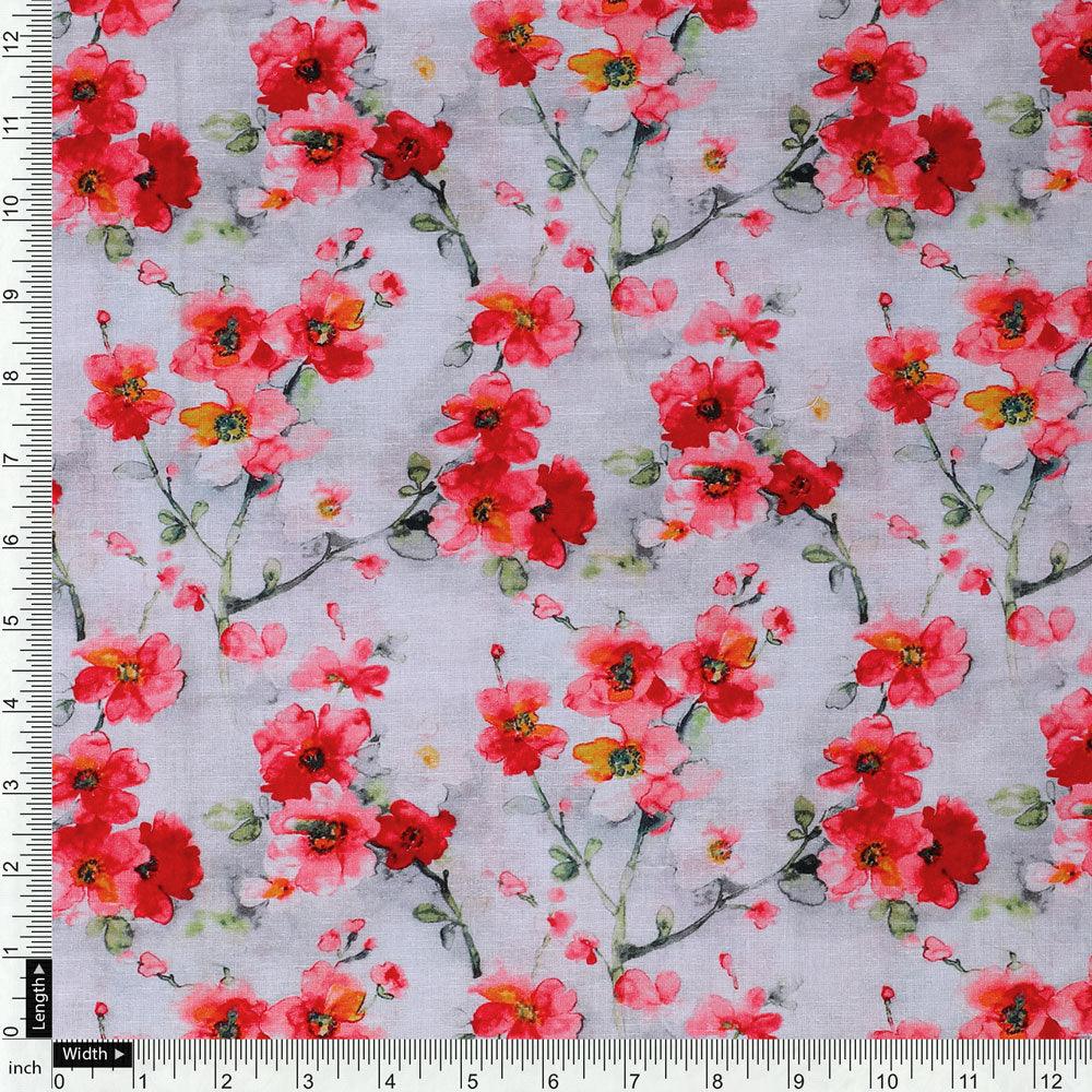 Red Violet Flower Green Buds Digital Printed Fabric - Pure Cotton - FAB VOGUE Studio®