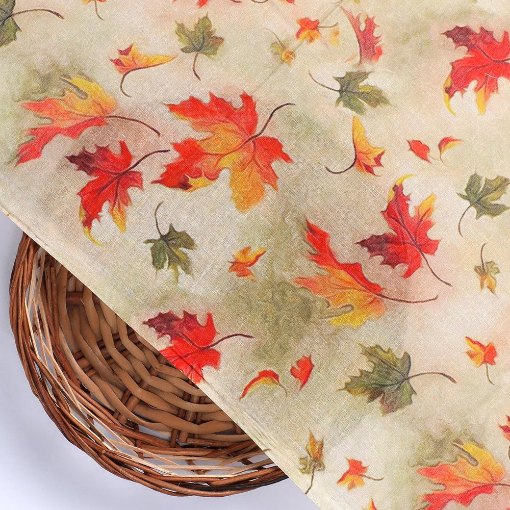 Canadian Maple Green With Orange Leaf Digital Printed Fabric - Pure Cotton - FAB VOGUE Studio®