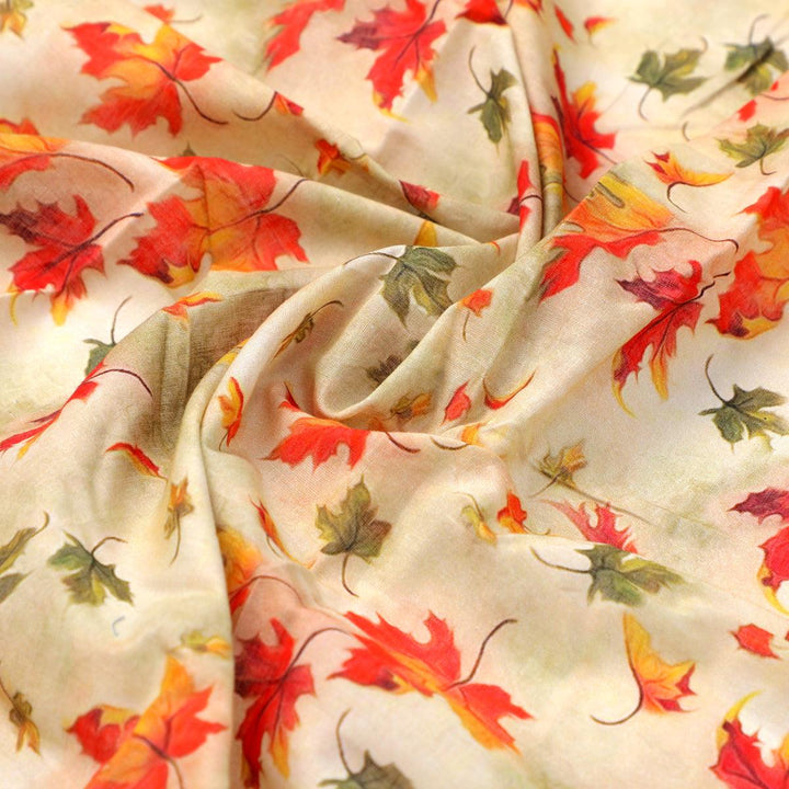 Canadian Maple Green With Orange Leaf Digital Printed Fabric - Pure Cotton - FAB VOGUE Studio®
