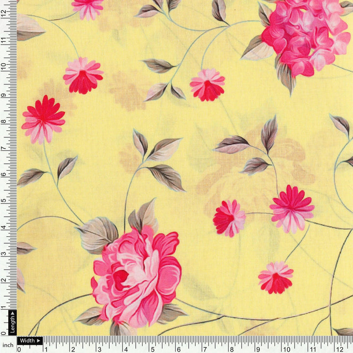 Pink Flower On Lemon Yellow Digital Printed Fabric - Pure Cotton - FAB VOGUE Studio®