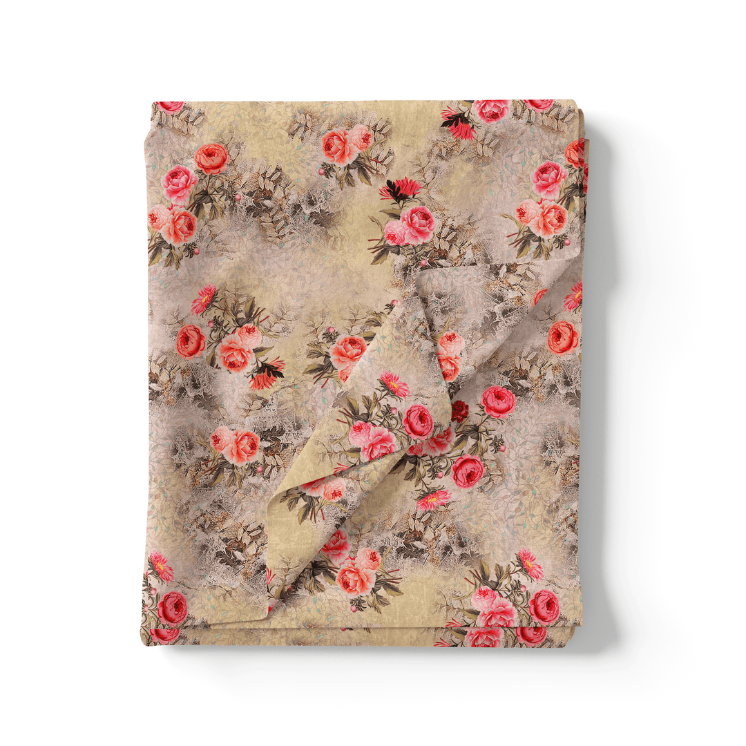 Vintage Art Of Roses With Leaves Digital Printed Fabric - Pure Cotton - FAB VOGUE Studio®