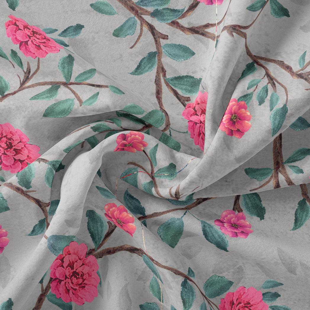 Pink Flower And Branch Digital Printed Fabric - Pure Cotton - FAB VOGUE Studio®