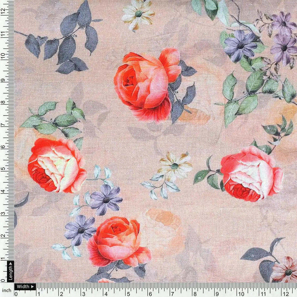 Blooming Orange Roses With Purple Floral Digital Printed Fabric - Pure Cotton – pco 0 ta06659p4 108 blooming orange roses with purple floral digital printed fabric pure cotton 4