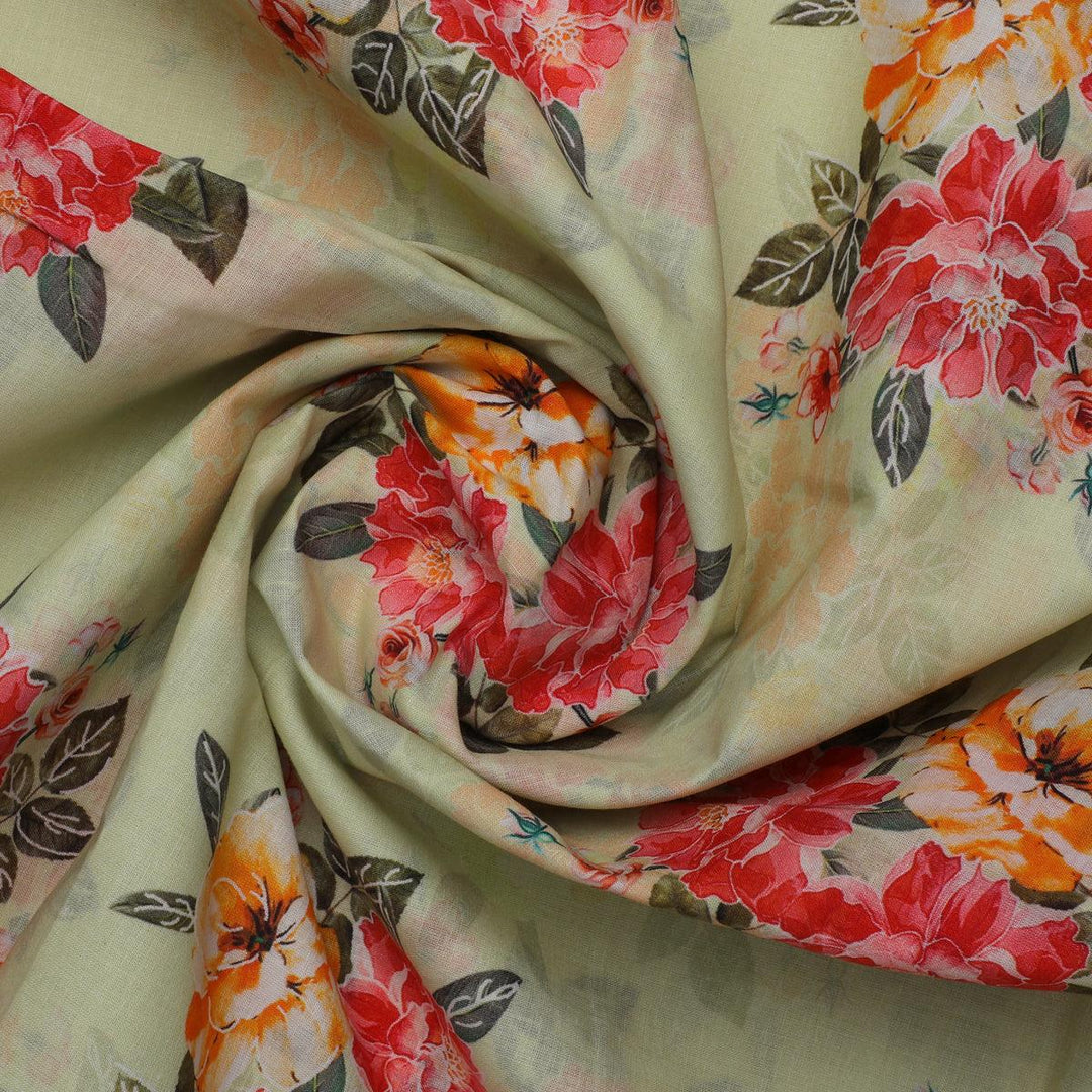 Colorful Floral Yellow Base Digital Printed Fabric - Pure Cotton - FAB VOGUE Studio®