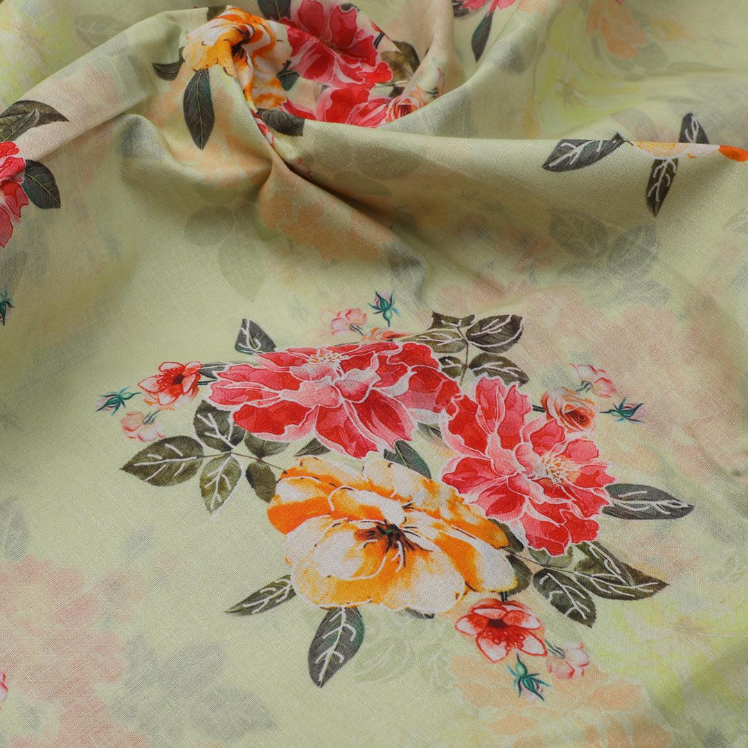 Colorful Floral Yellow Base Digital Printed Fabric - Pure Cotton - FAB VOGUE Studio®