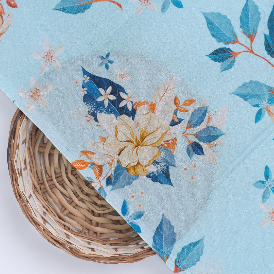 Flower On Ocean Blue Digital Printed Fabric - Pure Cotton - FAB VOGUE Studio®