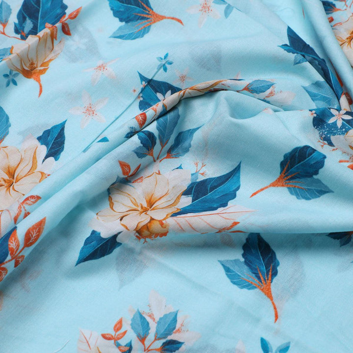 Flower On Ocean Blue Digital Printed Fabric - Pure Cotton - FAB VOGUE Studio®