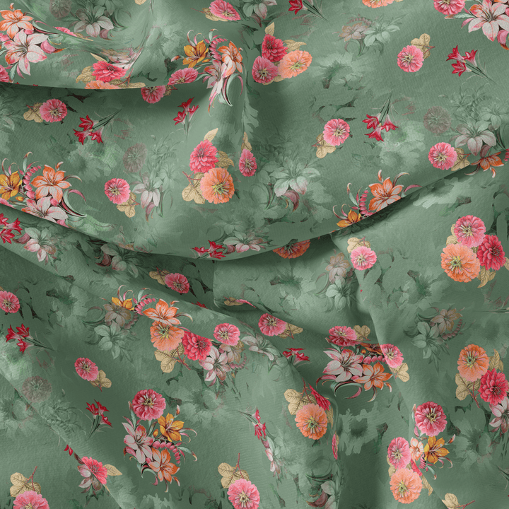 Lovely Chrysanthemum With Multi Flower Printed Fabric - Pure Cotton - FAB VOGUE Studio®