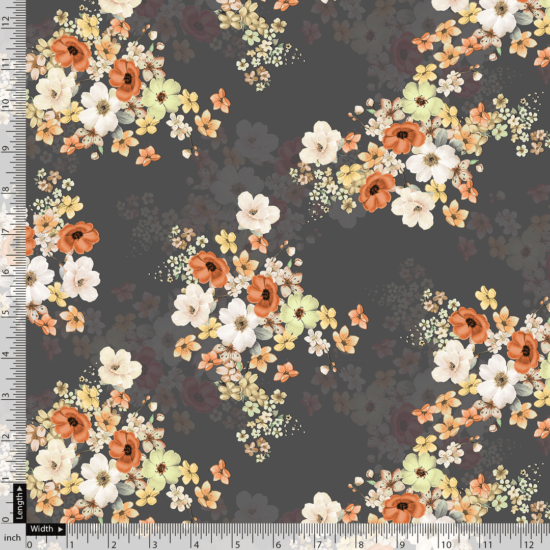 Multicolour Orchid Flower With Grey Background Digital Printed Fabric - Pure Cotton - FAB VOGUE Studio®