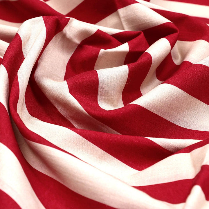 Red And Offwhite Stripe Combo Digital Printed Fabric - Pure Cotton - FAB VOGUE Studio®