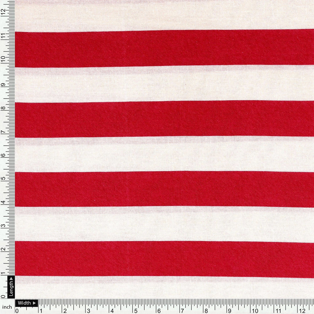 Red And Offwhite Stripe Combo Digital Printed Fabric - Pure Cotton - FAB VOGUE Studio®