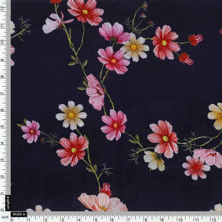 Tiny Colorfull Orchids Floral With Blue Background Digital Printed Fabric - Pure Cotton - FAB VOGUE Studio®