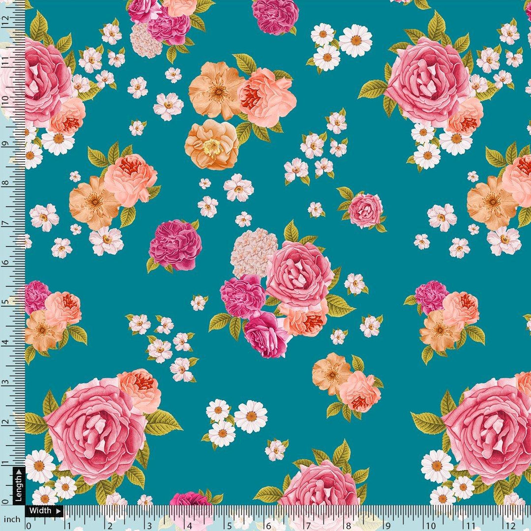 Beautiful Multicolour Anemone Roses Digital Printed Fabric - Cotton - FAB VOGUE Studio®