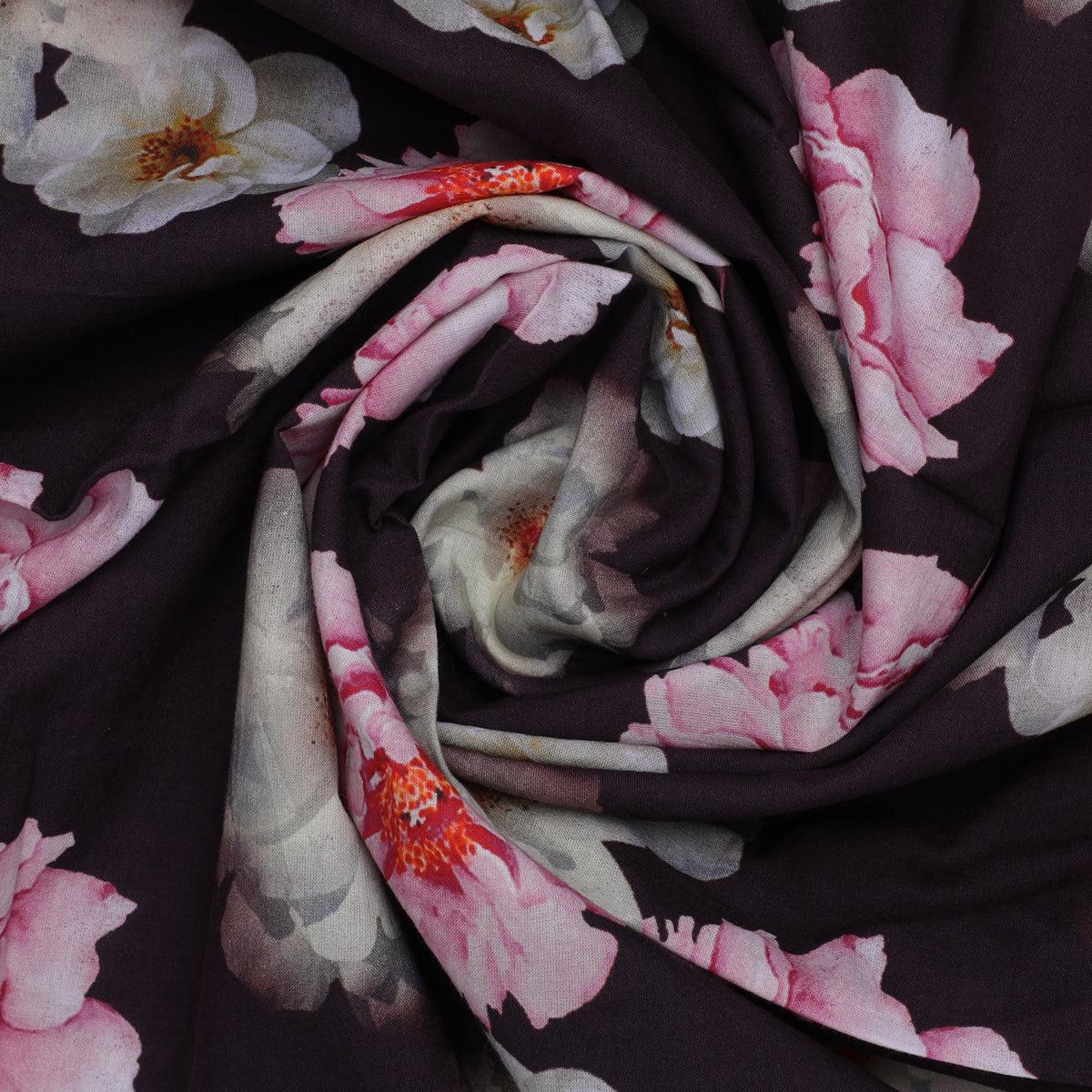 Attractive Pink Roses With Grey Digital Printed Fabric - Cotton - FAB VOGUE Studio®