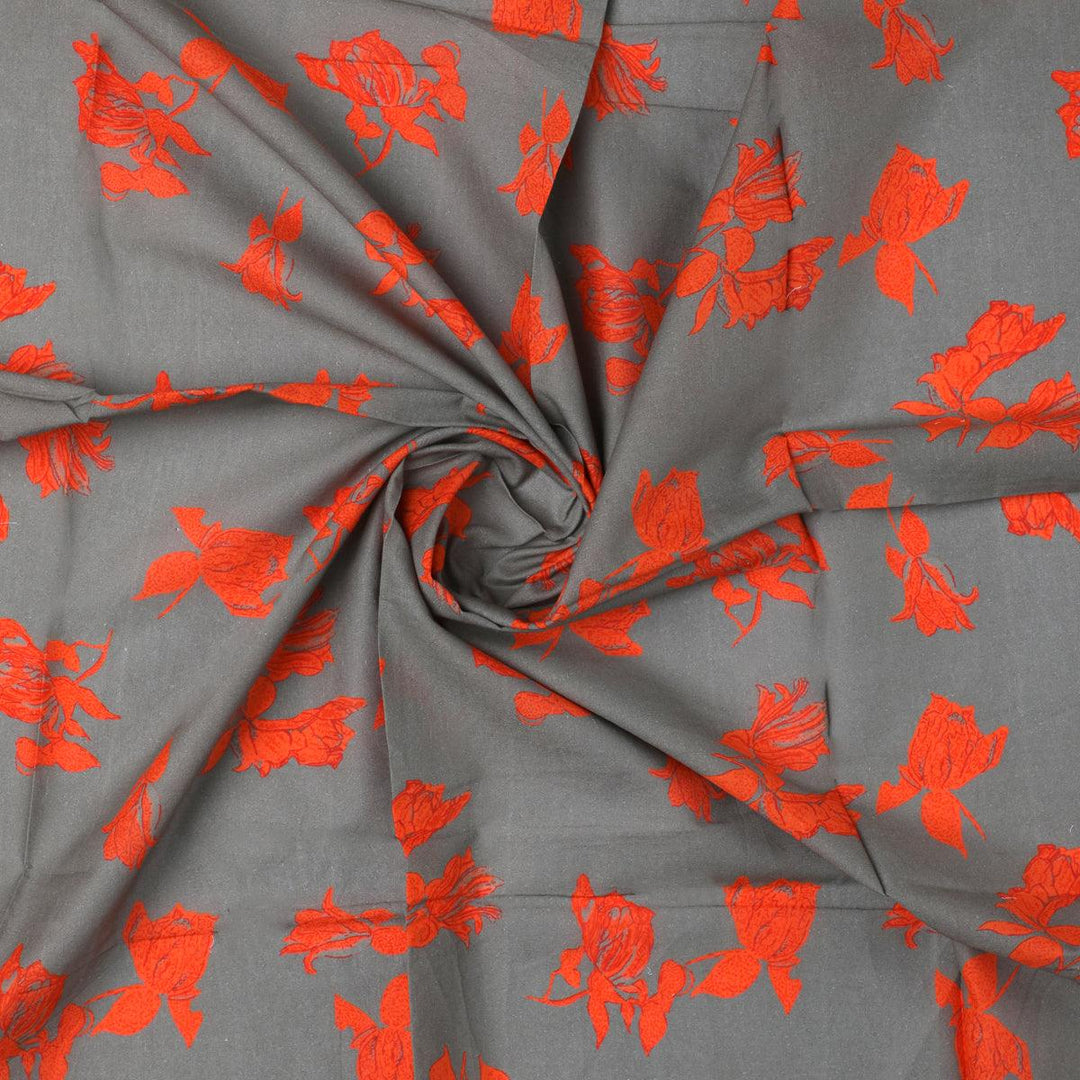 Tulips Roses With Orange Colour Digital Printed Fabric - Pure Cotton - FAB VOGUE Studio®