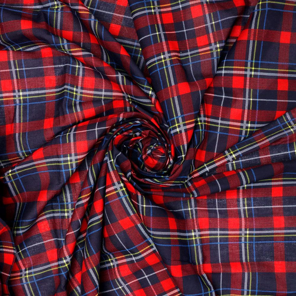 Gingham Pattern With Red And Blue Colour Digital Printed Fabric - Pure Cotton - FAB VOGUE Studio®