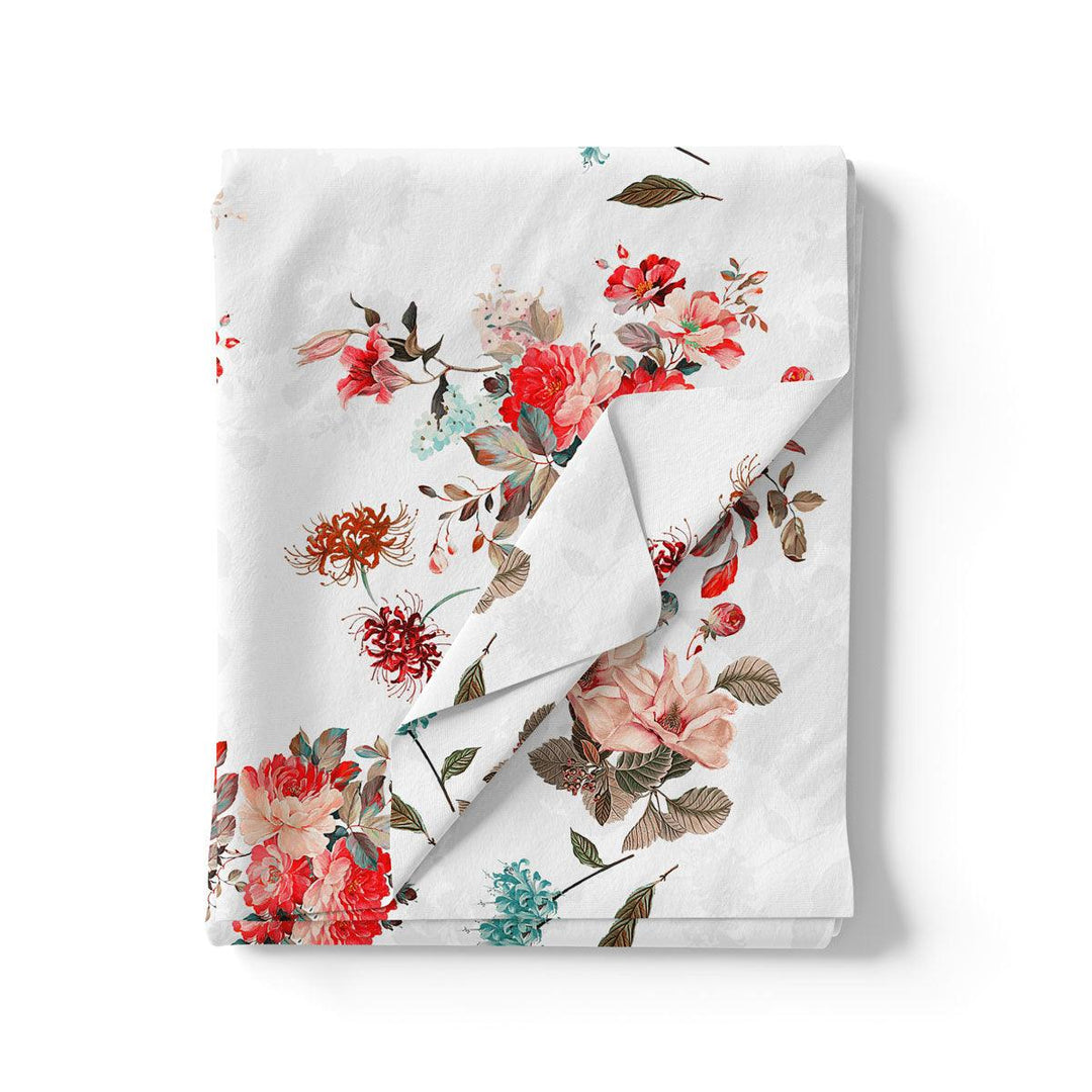 White Floral Printed Pure Cotton Fabric Material - FAB VOGUE Studio®