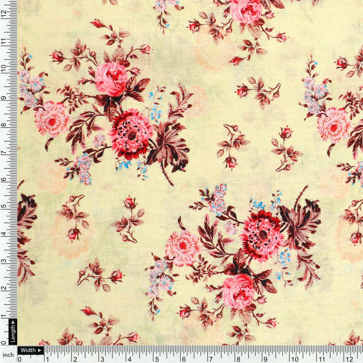 Chrysanthemum And Roses Bunch Digital Printed Fabric - Pure Cotton - FAB VOGUE Studio®