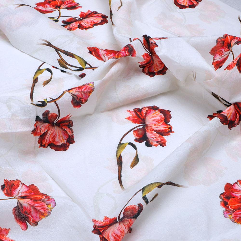 Dark Red Flower Printed Pure Cotton Fabric Material - FAB VOGUE Studio®