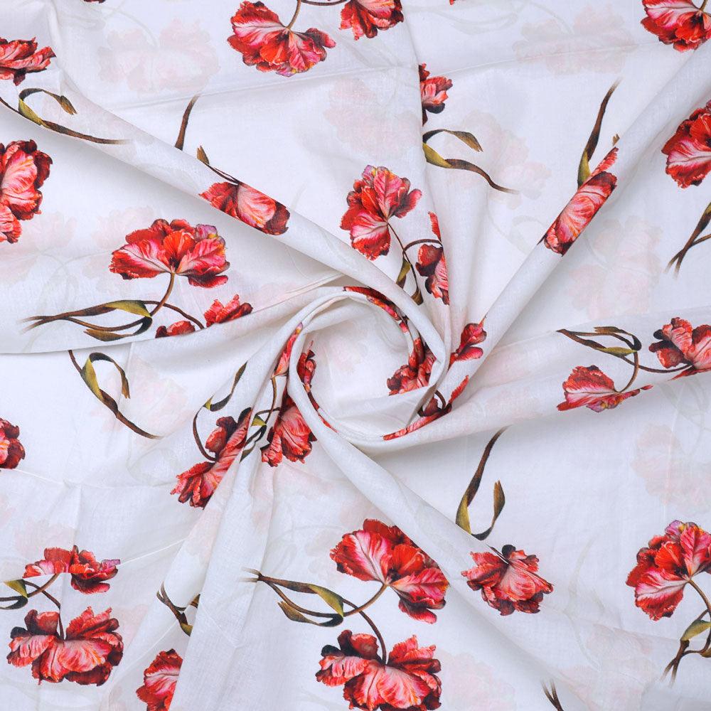 Dark Red Flower Printed Pure Cotton Fabric Material - FAB VOGUE Studio®