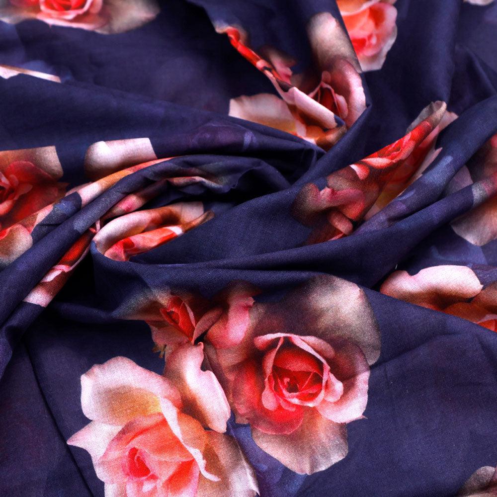 Valvet Blue Background With Creamy Roses Digital Printed Fabric - Pure Cotton - FAB VOGUE Studio®