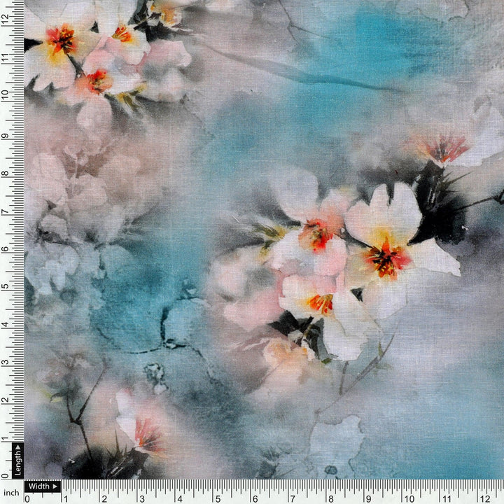 White Orchids Flower With Blue Background Digital Printed Fabric - Pure Cotton - FAB VOGUE Studio®