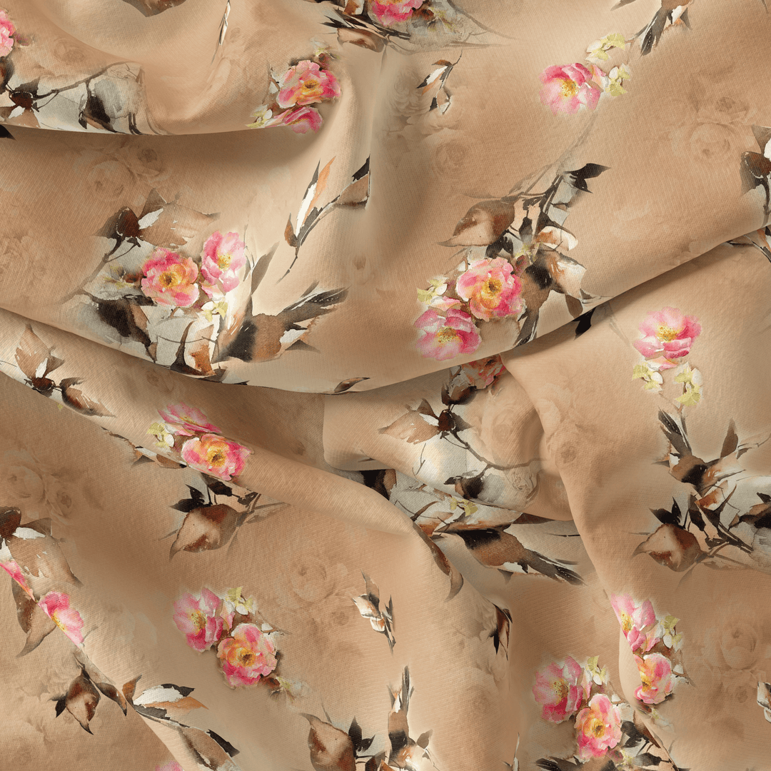 Morden Pink Rose And Leaves Flower Bunch Digital Printed Fabric - Pure Cotton - FAB VOGUE Studio®