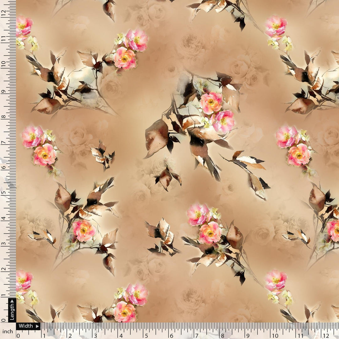 Morden Pink Rose And Leaves Flower Bunch Digital Printed Fabric - Pure Cotton - FAB VOGUE Studio®