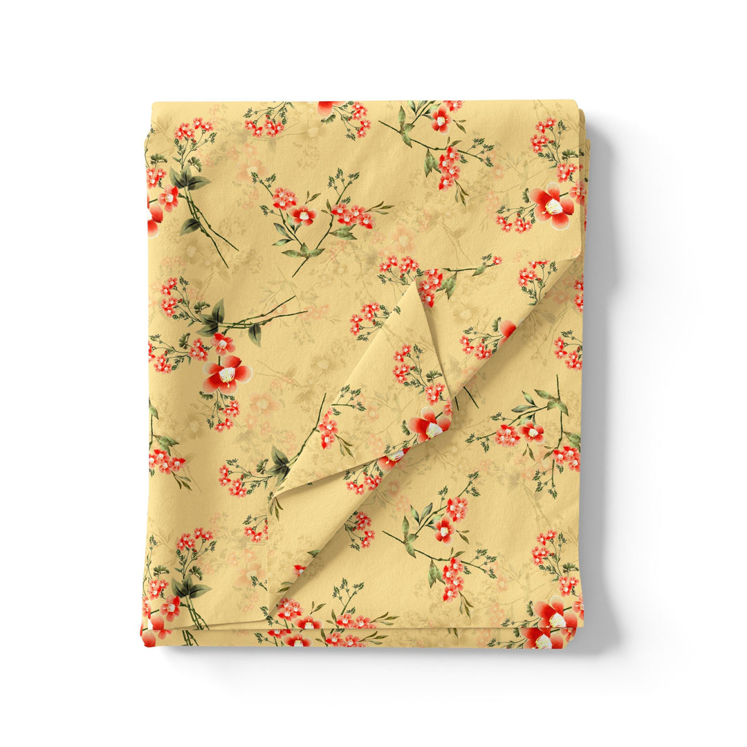 Green Garnet Leaves Red Floral Flower Digital Printed Fabric - Pure Cotton - FAB VOGUE Studio®