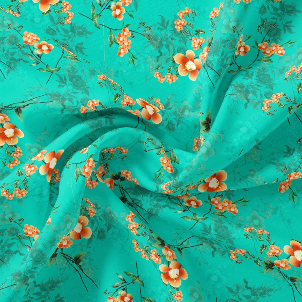 Persimmon Leaves With Orange Violet Flower Digital Printed Fabric - Pure Cotton - FAB VOGUE Studio®