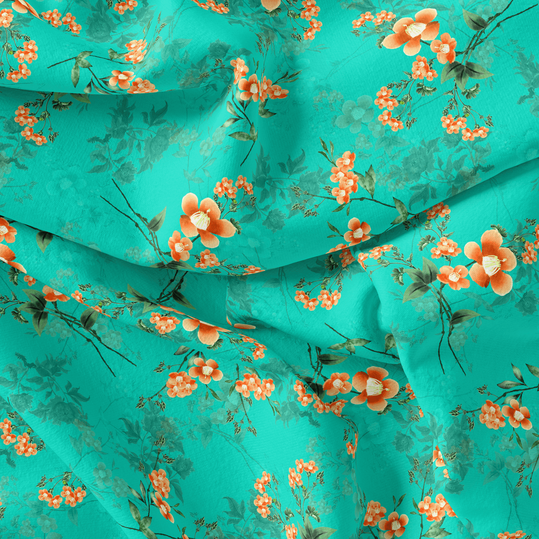 Persimmon Leaves With Orange Violet Flower Digital Printed Fabric - Pure Cotton - FAB VOGUE Studio®