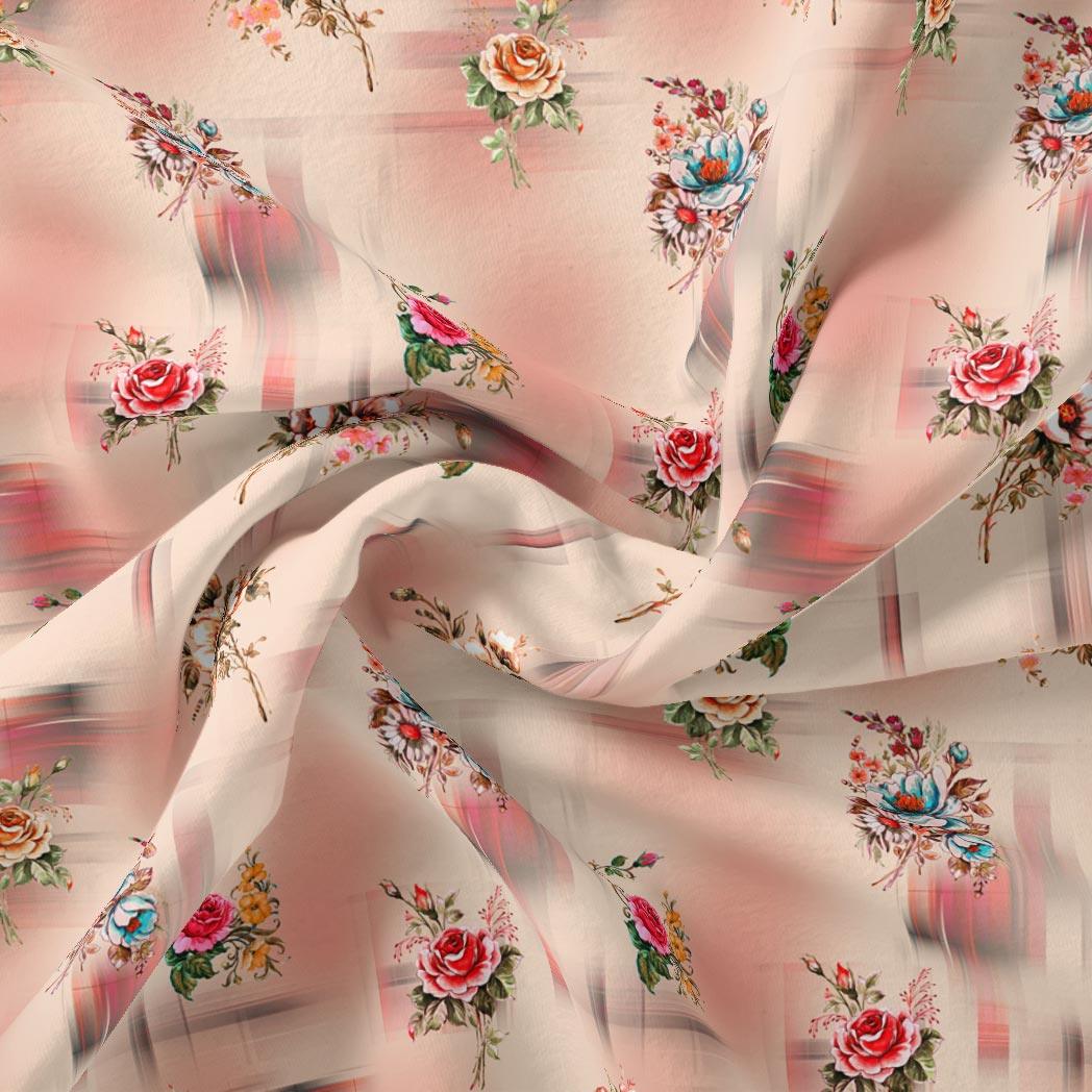 Red Roses With Peach Rose Blury Texture Digital Printed Fabric - Pure Cotton - FAB VOGUE Studio®