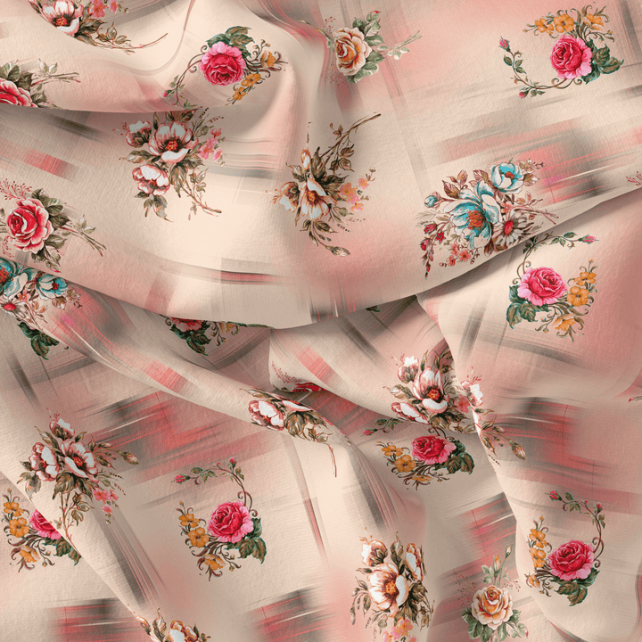 Red Roses With Peach Rose Blury Texture Digital Printed Fabric - Pure Cotton - FAB VOGUE Studio®