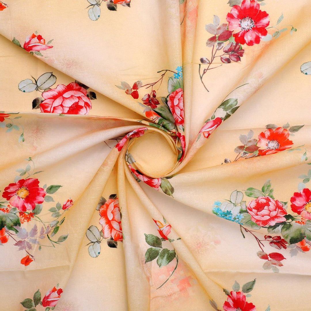 Light Yellow Floral Pure Cotton Printed Fabric Material - FAB VOGUE Studio®