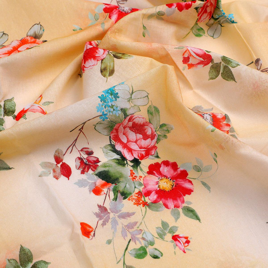 Light Yellow Floral Pure Cotton Printed Fabric Material - FAB VOGUE Studio®