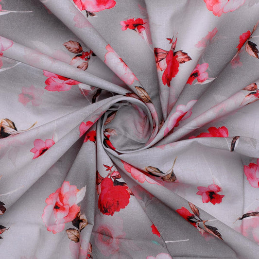 Red Floral Pure Cotton Printed Fabric Material - FAB VOGUE Studio®