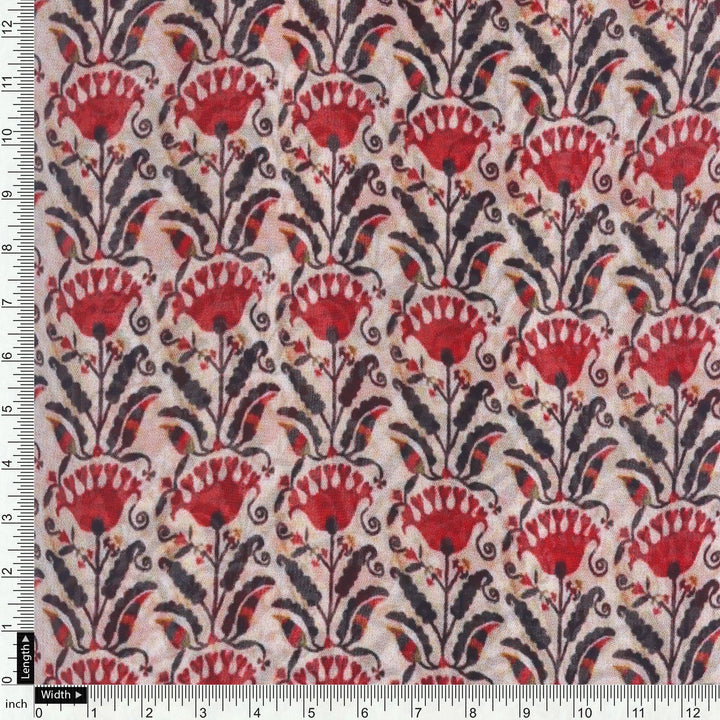 Seamless Opposite Red Flower Pattern Digital Printed Fabric - Pure Georgette - FAB VOGUE Studio®