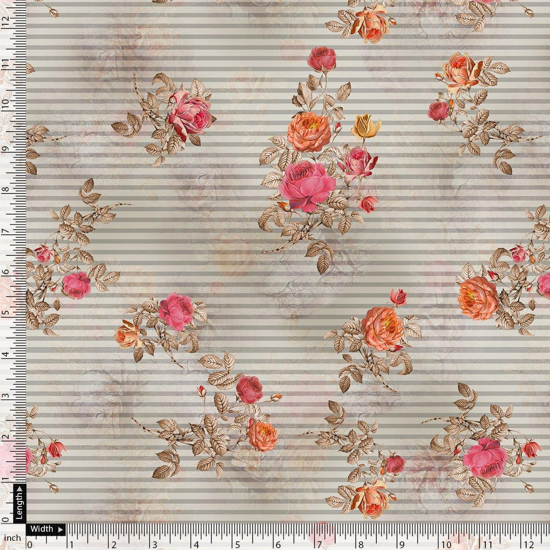 Peony Floral Strips Orange With Red Digital Printed Fabric - Pure Georgette - FAB VOGUE Studio®