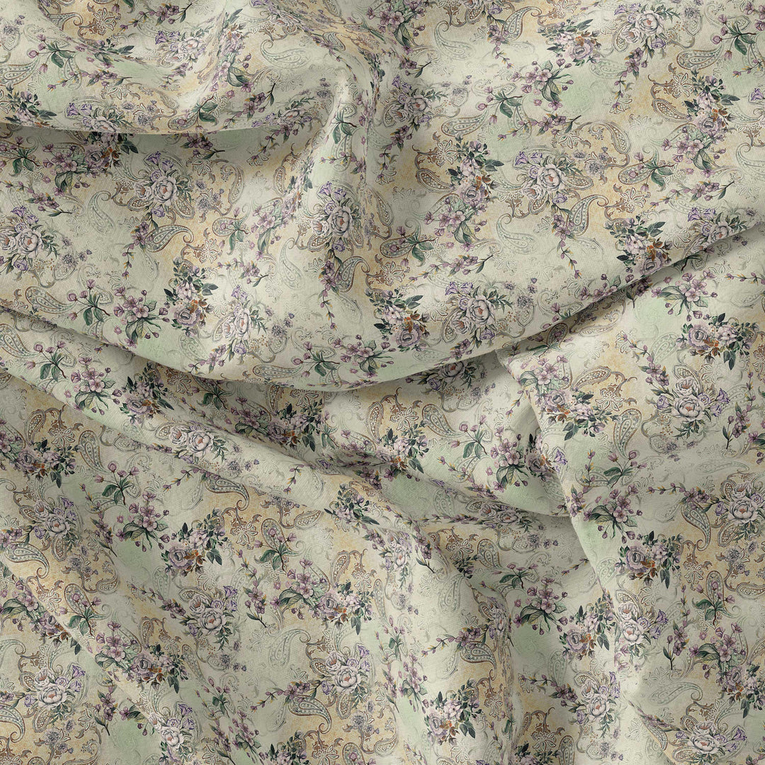 Tiny Border Paisley With Green Leaves Digital Printed Fabric - Pure Georgette - FAB VOGUE Studio®
