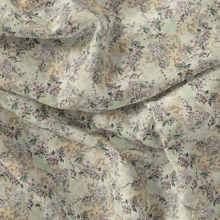 Tiny Border Paisley With Green Leaves Digital Printed Fabric - Pure Georgette - FAB VOGUE Studio®